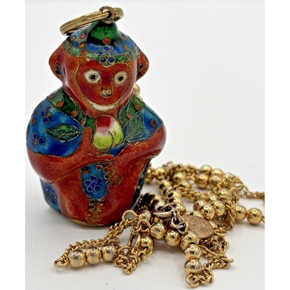 Les Bernard Jewelry - Vintage Les Bernard Cloisonne Enamel Monkey Peach Pendant Necklace Gold Tone